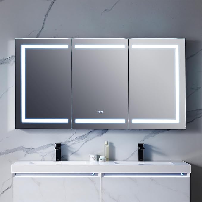 Blossom 60-Inch LED Lighted Mirror Medicine Cabinet | Recessed or Surface Mount Bathroom Cabinet | One Touch Built-in Defogger | Dimmer | Makeup Mirror | 3 Adjustable Glass Shelves