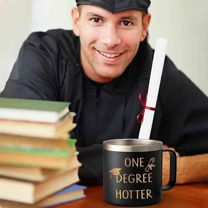 Lifecapido Graduation Gifts, One Degree Hotter 14oz Stainless Steel Coffee Mug with Handle, College Masters Degree Phd Graduation Gifts High School Graduation Gifts Christmas Gifts for Her Him (Black)
