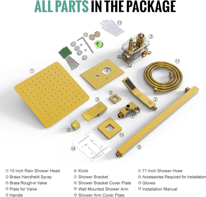 SR SUN RISE Shower Faucets Sets Complete Brushed Gold Square Rain Shower Head with Handheld Spray All Metal Shower Faucet Trim Repair Kits (Contain Shower Valve)