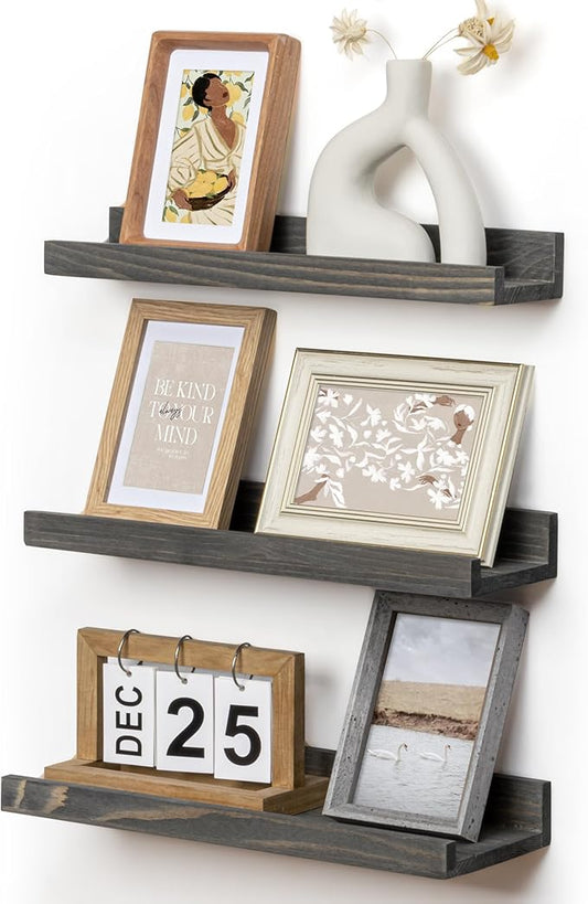 Picture Ledge Wall Shelves - Set of 3, 16 Inch Width, Solid Pine Wood Rustic Floating Ledge Shelves for Kids' Room, Bedroom, Kitchen, Bathroom, Living Room, Nursery Display Decor, Grey