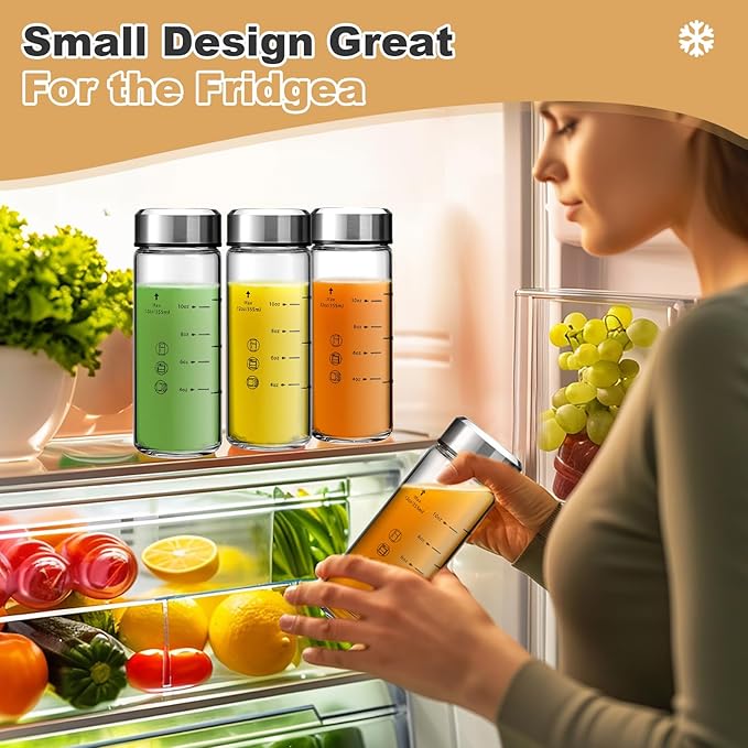 SIEROZUR Juice Bottles - 4 Pack Wide Mouth Glass Bottles with Lids - for Juicing, Smoothies, Infused Water, Beverage Storage - 12oz, BPA Free, Stainless Steel Lids, Leakproof, Reusable, Borosilicate