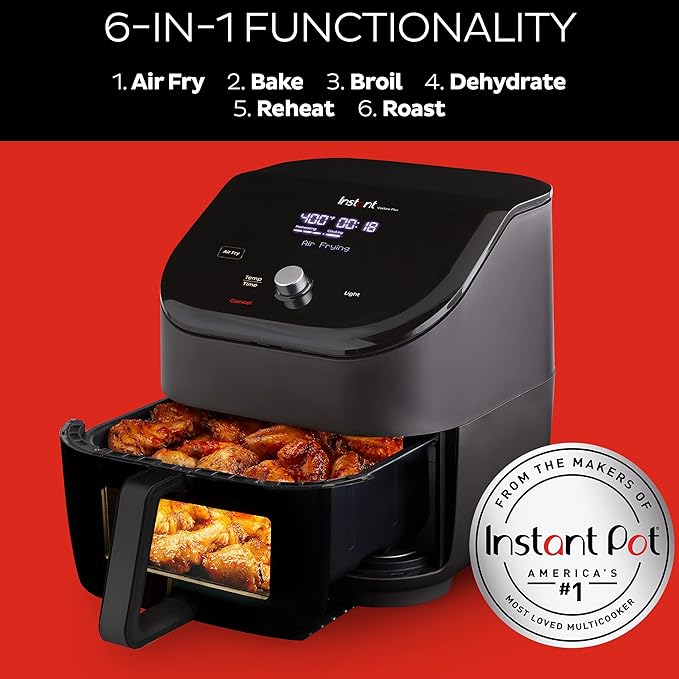 Instant Vortex Plus 6QT ClearCook Air Fryer, Clear Windows, Custom Program Options, 6-in-1 Functions, Crisps, Broils, Roasts, Dehydrates, Bakes, Reheats, from the Makers of Instant Pot, Black