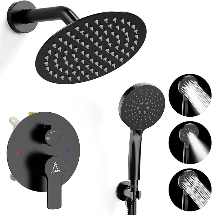 Shower Faucet Set 8IN Brass Rough-In Valve Body Trim Kit Rainfall Included Handle Accessories Complete 2 Functions with Rain Head and Handheld Bathroom Systems (8 Inch Matte Black)