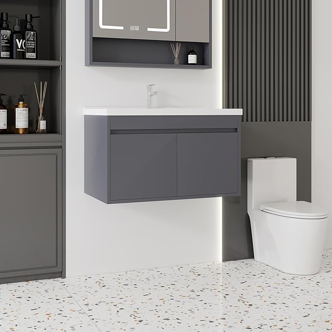 32'' Bathroom Vanity with Ceramic Sink Combo, Wall Mounted Small Bathroom Vanity with Soft-Close Door Modern Floating Cabinet, Pop-up Drain, P-Trap Included, Gray(No Faucet)