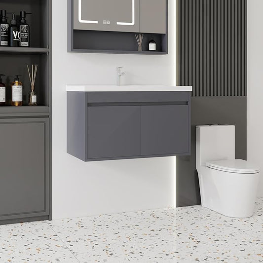 32'' Bathroom Vanity with Ceramic Sink Combo, Wall Mounted Small Bathroom Vanity with Soft-Close Door Modern Floating Cabinet, Pop-up Drain, P-Trap Included, Gray(No Faucet)