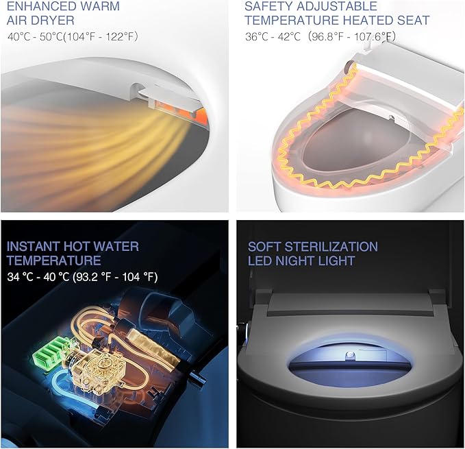 Electric Bidet Toilet Seat Elongated, Heated Toilet Seat with Bidet, Remote Control Wash, Warm Air Dryer, LED Light, Quiet Operation, Stainless Steel Nozzle, Smart Toilets (V Shape)