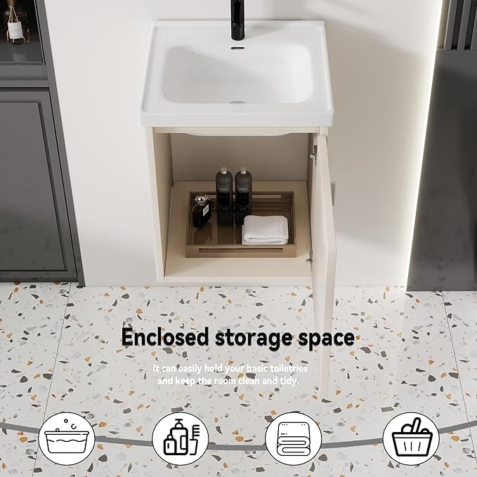 16'' Bathroom Vanity with Ceramic Sink Combo, Wall Mounted Small Bathroom Vanity with Soft-Close Door Modern Floating Cabinet, Pop-up Drain, P-Trap Included, Khaki(No Faucet)