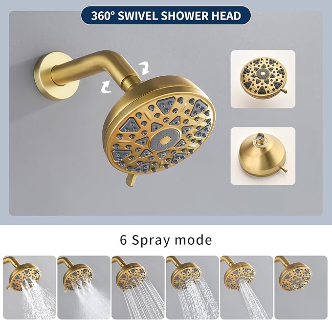 2 Handles Shower Faucet Set with Tub Spout Bathtub Shower Faucet Combo Set Shower System Complete Tub and Shower Trim Kit Wall Mounted Shower Fixtures Brushed Gold