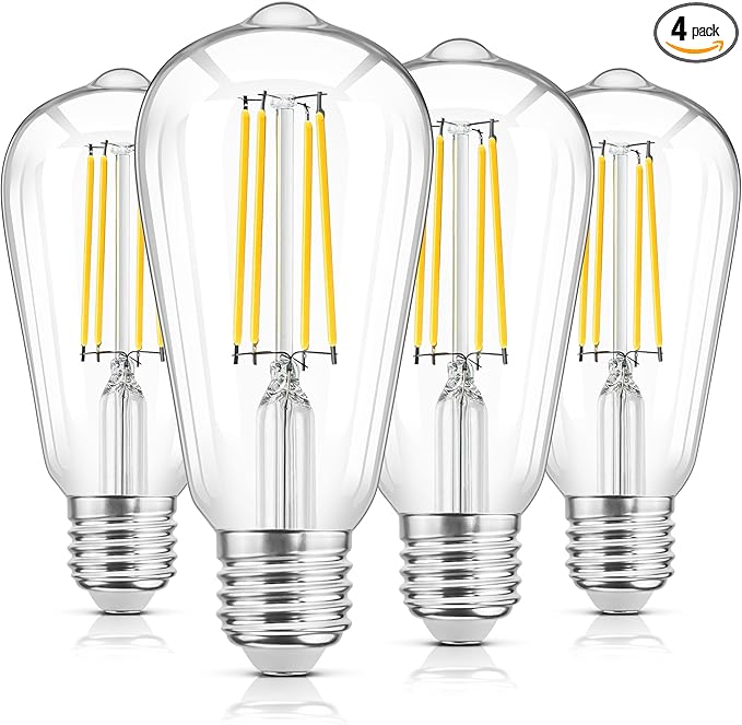 WIHTU LED Edison Light Bulbs, Vintage 6W LED Bulb 60W Equivalent, St58 4000K Daylight Soft White with CRI 85+, E26 Standard Base, 900LUM, Non-Dimmable, Clear Glass, Pack of 4