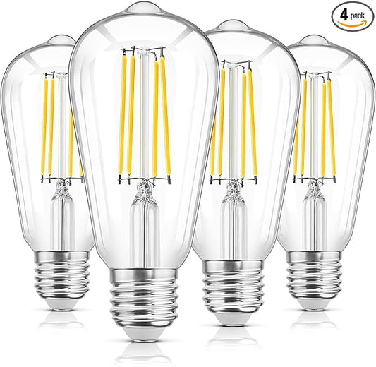 WIHTU LED Edison Light Bulbs, Vintage 6W LED Bulb 60W Equivalent, St58 4000K Daylight Soft White with CRI 85+, E26 Standard Base, 900LUM, Non-Dimmable, Clear Glass, Pack of 4