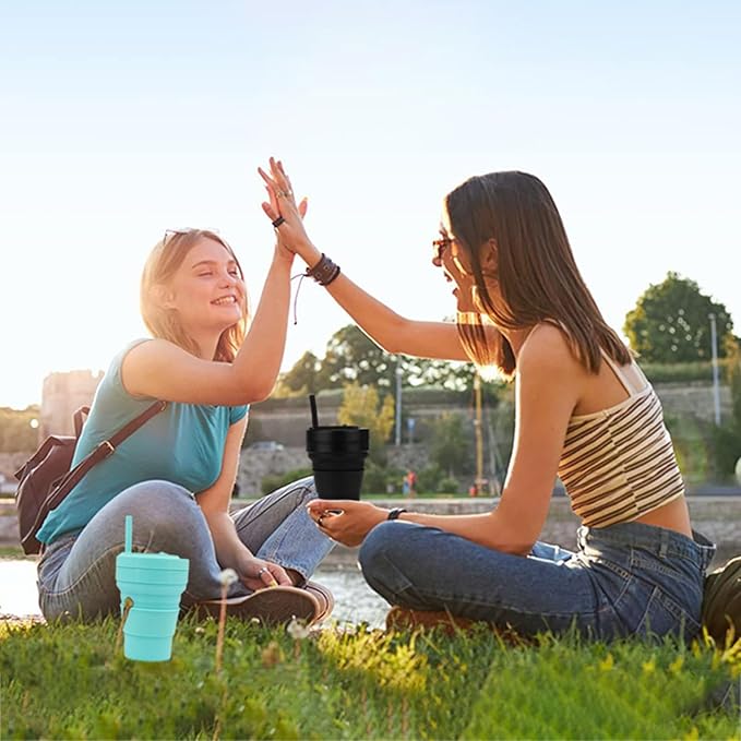 collapsible cup with Straw, Kids Insulated collapsible cups for traveling Leakproof Cup, Portable 350ml Foldable Travel Straw camping cup for Picnic,Hiking,Sports,Camping,Biking (blue)