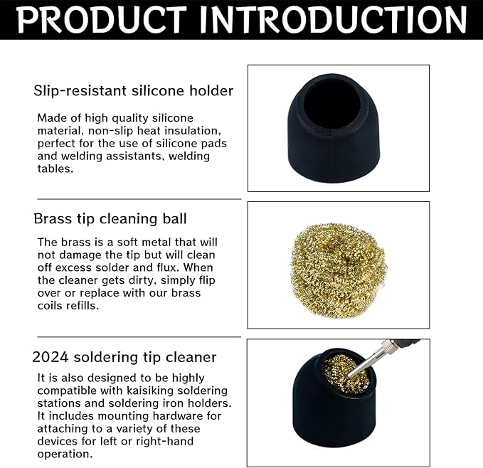 Kaisiking Soldering Iron Tip Cleaner 3Pcs Soft Coiled Brass Tip Cleaner with Silicone Holder Non-slip Solder Tip Cleaners, No Water Needed, Black
