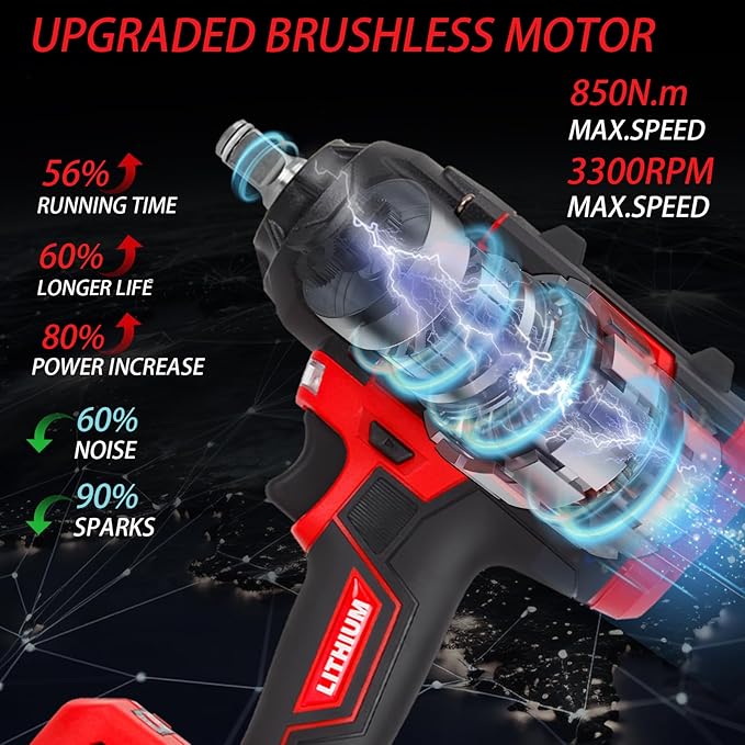 TIKTIK 850Nm Cordless Impact Wrench,1/2" Cordless Impact Gun w/ 2x 4.0Ah Battery,3300RPM Brushless Impact Wrench,640Ft-lbs High Torque Electric Impact Driver Set for Car/DIY Furniture/Lawn Mower
