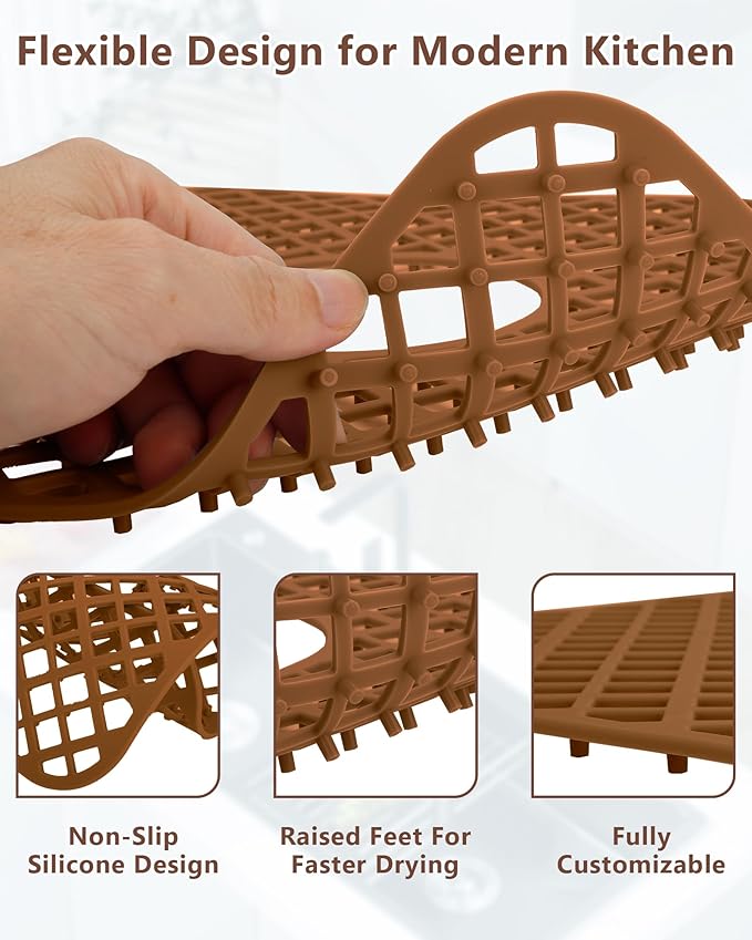 2 Pack Silicone Sink Protector for Kitchen Sink, Lozenge Pattern 12 x 11" Sink Grid Mat Silicone Protectors, Center Drain, Coffee