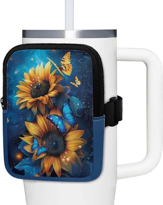 Sunflower Butterfly Stanley Cup Pouch with Adjustable Strap Water Bottle Storage Bag 20oz-40oz IceFlow Tumbler Pouch for Stanley Accessories