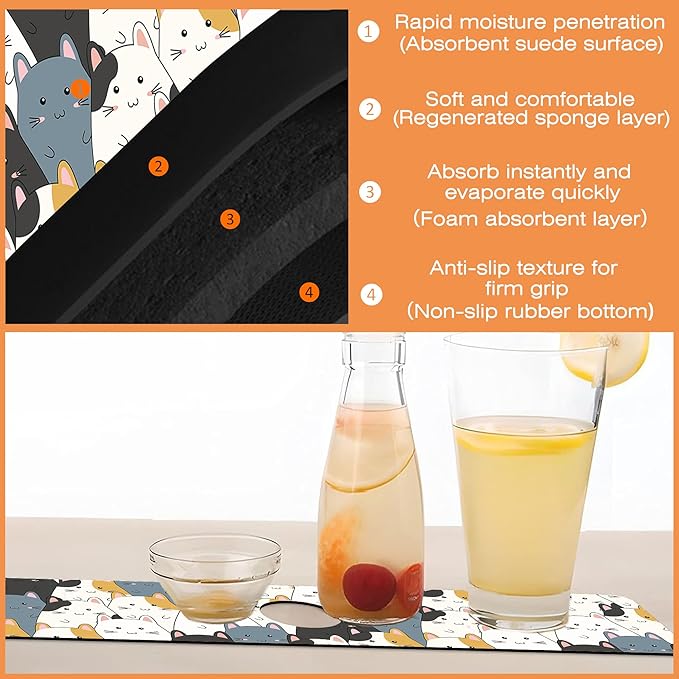 Kitchen Faucet Mat Cute Cartoon Kitten Family Kitchen Sink Splash Guard Faucet Mat,1 PC Splash Guard Behind Faucet Drip Catcher for Kitchen,Dish Drying Mat,Bathroom Faucet Mat 15.5""X5.5""