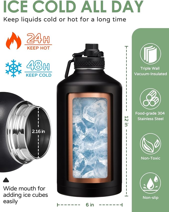 Gallon Water Bottle Insulated 128oz - Stainless Steel Water Bottles Keep Cold 48H, Fitness Sports Water Bottle with Straw & Spout Lid, Paracord Handle, Carrier Bag with Strap,Black 128 OZ Jug