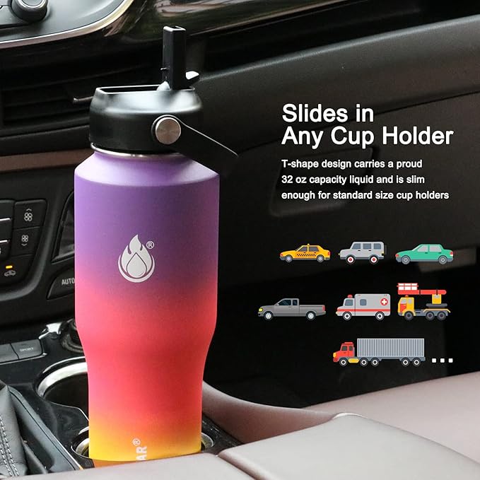 SENDESTAR Water Bottle 32oz,2 Lids(Straw lid),Wide Mouth Stainless Steel Vacuum Insulated Double Wall Keep Liquids Cold or Hot All Day,Sweat Proof Sport Design,Fit Car Cup Holder(Havana)