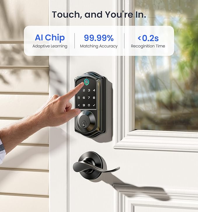 Veise VE017-L Fingerprint Smart Lock with 2 Lever Handles, Keyless Entry Front Door Lock Set, App Control, Electronic Digital Keypad Deadbolt, Easy Installation, Emergency Power Port, Matte Black