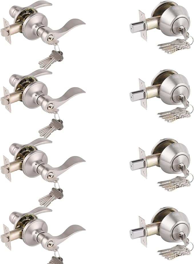 Gobrico Keyed-Alike Entry Door Lever and Deadbolt Locksets (Single Cylinder Deadbolt Keyed One Side) Satin Nickel Same Key Front Exterior Door Lockset with Knob and Deadbolt, Set of 4