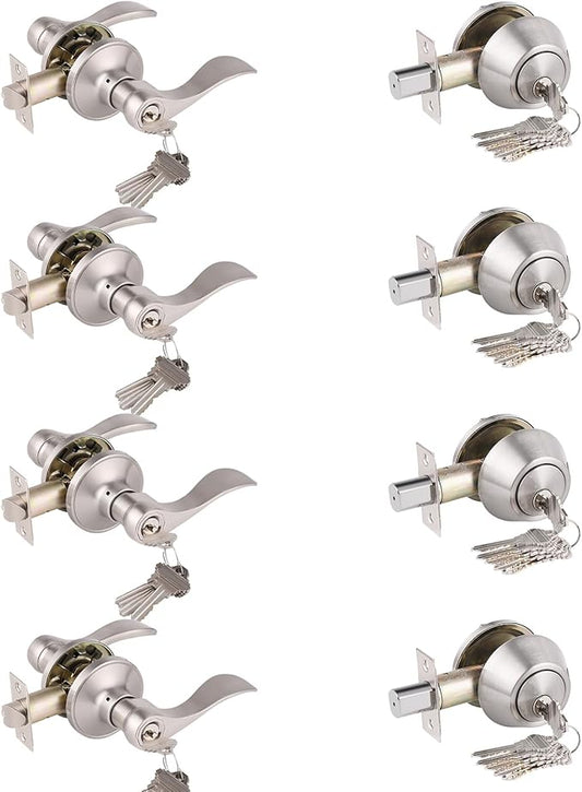 Gobrico Keyed-Alike Entry Door Lever and Deadbolt Locksets (Single Cylinder Deadbolt Keyed One Side) Satin Nickel Same Key Front Exterior Door Lockset with Knob and Deadbolt, Set of 4