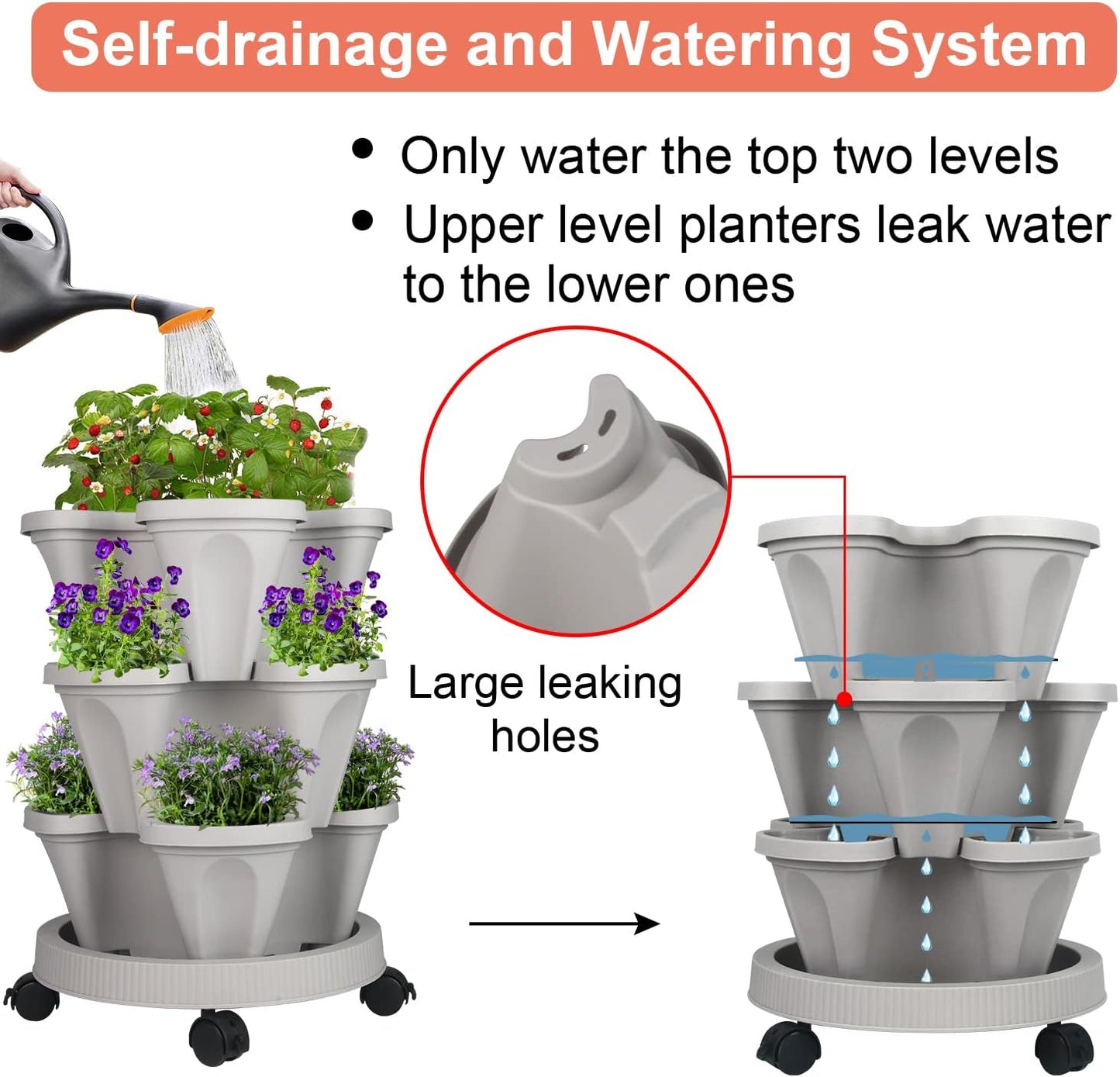 Vertical Planter 3 Tier Stackable Planters Garden Planters Strawberry Herb Flower and Vegetable Planter Indoor Outdoor Gardening Pots with Removable Wheels and Tools 2-Pack