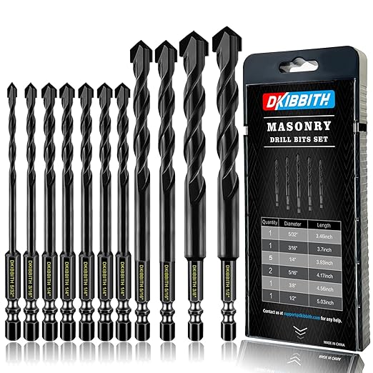 11-pc Masonry Drill Bits Carbide Concrete Drill Bit Set for Stone Tile Brick Ceramic Glass Metal Sheet Plastic and Wood, Quick Change 1/4" Hex Shank, Size 5/32” 3/16" 1/4" 5/16" 3/8" 1/2" with Case