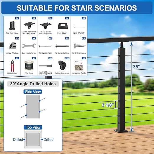 4 Pack 35" Stainless Steel Adjustable Stair Cable Railing Post Kits, 25-35 Degrees Angle Line Post with Grommets for Deck Railing Systems, Indoor & Outdoor Use,MY06-SP