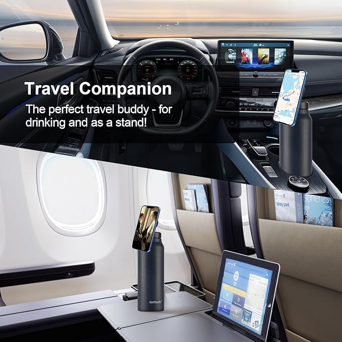 Insulated Water Bottle with Magnetic Phone Holder Compatible with MagSafe and iPhone, Stainless Steel Water Bottle Phone Mount For Sports Travel School, Hot 12H Cold 24H, 24oz (Navy Blue)