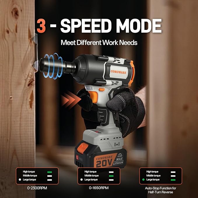 COMOWARE Cordless Impact Wrench, 1/2 Inch 1000N.m (780Ft-lbs) High Torque 20V Brushless Power Impact Driver Kit for Automotive DIY, 4.0Ah Li-ion 2 Battery, 5 Pcs Impact Sockets with Case