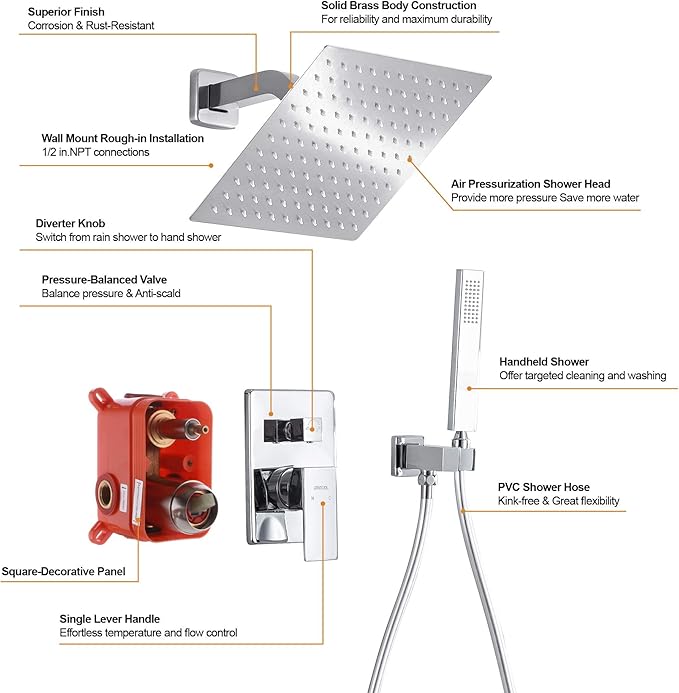 Rain Shower System with Handheld Shower, 10 Inch Wall Mounted Shower Faucet Set Bathroom Luxury Rain Mixer Shower Combo Set Rough-in Valve and Trim Kit, Chrome