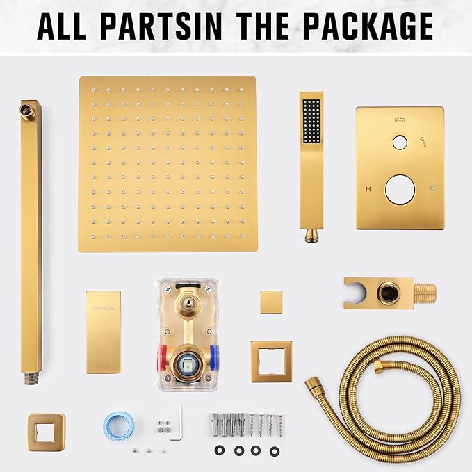12 Inch Rainfall Shower System - Wall Mounted Complete Combo with Solid Brass Pressure Balancing Valve, High Pressure Shower Head, Handle Set & Installation Accessories Brushed Gold