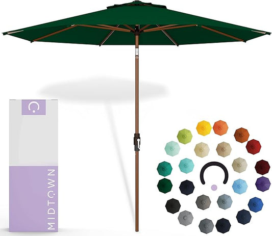 Midtown Umbrellas Sunbrella Umbrella Outdoor Patio Umbrella 2-9 Feet in Forrest Green Acrylic Fabric, Auto-Tilt Aluminum Frame For Backyard Umbrella, Deck Umbrella & Porch Umbrella - Wooden Pole