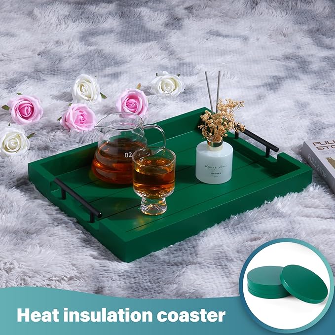 Ottoman Coffee Table Decorative & Serving Tray, 17x13 Inch Wood Tray with 4 Wooden Coasters - Perfect for Ottoman & Breakfast