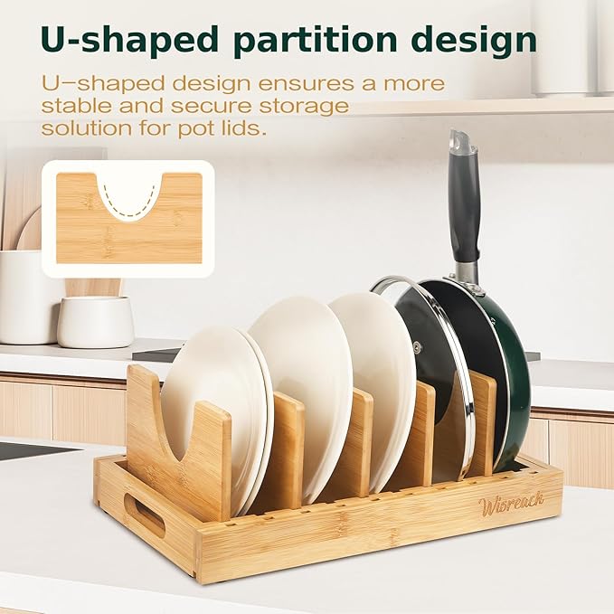 Bamboo Pot Lid Organizer, Adjustable Kitchen Organizer for Cabinet, Expandable Pot and Pan Storage Rack, Kitchen Organization for Lids, Bakeware, and Cutting Boards