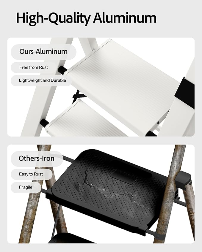 Taranta 3 Step Ladder, Lightweight Aluminum Step Stool with Convenient Handgrip, Folding Ladder with Anti-Slip Pedals, 330lbs Capacity Stepladder for Home, Office, Kitchen - White