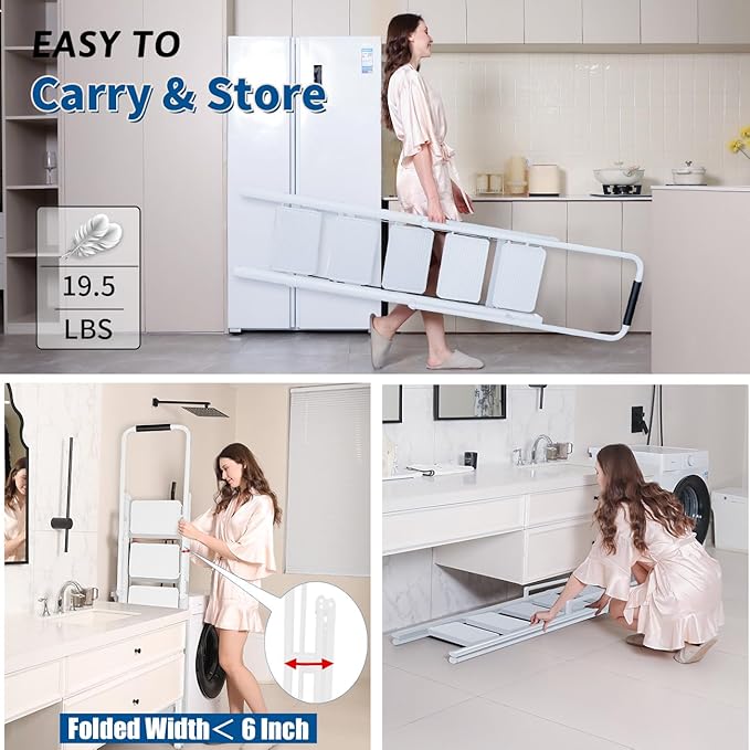 Double Elite Step Ladder 5 Step Folding with Handrails, Safer 5 Step Ladders for Home, Convenient Folding Step Stool with Tool Bag, Sturdy Indoor/Outdoor Ladder for Adults Anti-Slip Pedals, White