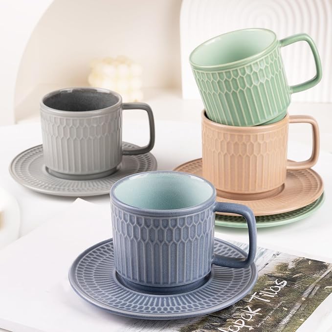 Large Cappuccino Cups with Saucers Set of 4, 8 Ounce Stackable Embossed Ceramic Coffee Mugs for Specialty Coffee Drinks, Latte, Cafe Mocha and Tea, Dishwasher & Microwave Safe (Mix)