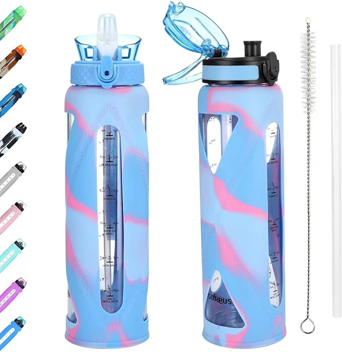 GOPPUS Glass Water Bottles with Straw and Flip Lid, Motivational Water Bottles with Time Marker Reminder and Silicone Sleeve, Leakproof, BPA Free (32 oz, Light Blue and Pink)