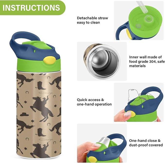 Cowboy Kids Water Bottle with Straw Male Black Horses Insulated Stainless Steel BPA-Free Sport Bottles for Boys Girls Toddlers 12 oz Green Lid