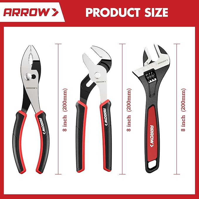 ARROW 3-Piece Pliers and Wrench Set, Includes 8 Inch Slip Joint, Groove Joint Pliers & Adjustable Wrench, Comfortable Ergonomic Anti-slip Handle for Basic Repairs
