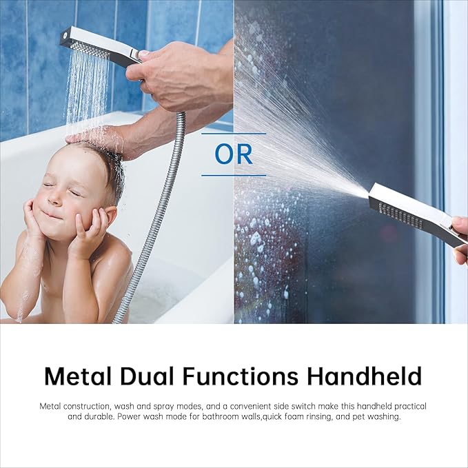 G-Promise All Metal 14 Inches Rain Shower Head with Handheld Built-in Power Wash Mode, 3-way Shower Diverter with Pause Setting, 11 Inches Adjustable Extension Arm, Long Hose (Chrome, 14 Inches)