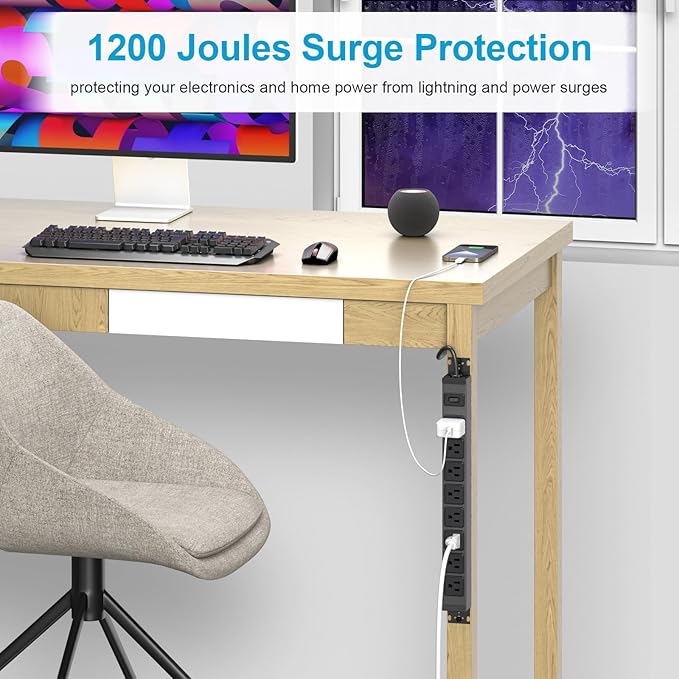 HHSOET 2 Pack Metal 360° Rotating Mountable Power Strip, 8 Outlet Gaming Table Mounted Outlet Strip, Heavy Duty Wall Mount Surge Protector with Switch, 15A 125V 1875W, 15ft Power Cord.(Black)