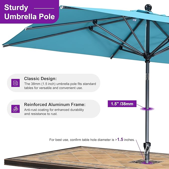 PURPLE LEAF 10' x 6.5' Rectangular Patio Umbrella Outdoor Table Umbrella Aluminum Frame Market Umbrella Sun Umbrella with 8 Sturdy Ribs Tilt for Garden Deck Lawn Pool Turquoise Blue