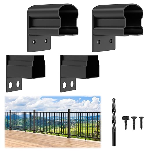4 Pack Aluminum Fixed Railing Bracket Connector with Drill Bit, Deck Railing Bracket, Black Textured Powder-Coat Finish Railing System for Outdoor Decks, Porches & Balconies