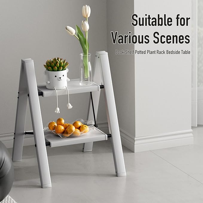 2 Step Ladder,Aluminum Folding Step Stool for Adults,Step Ladder with Wide Anti-Slip Pedal,330 lbs Capacity for Home,Office,Kitchen,Library(Grey)