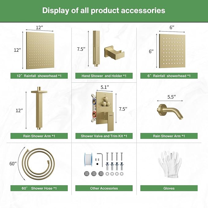 VANFOXLE Shower Faucet Set Brushed Gold Shower System,Push Button Diverter Shower Faucet with 2 in 1 Handheld,Ceiling Mount Increased Thickness 12 Inch Shower Head with 6 Inch Wall Mount Shower Head