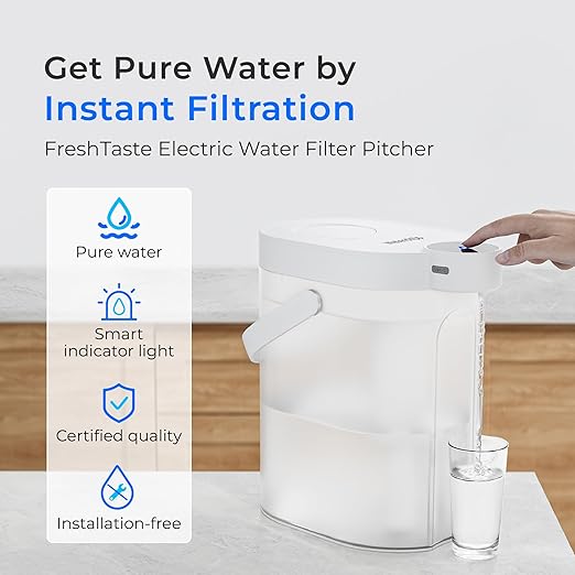 Waterdrop FreshTaste Electric Water Filter Pitcher, Dispenser, Water Purifier for Fridge, Reduce Chlorine, Lead, Copper, Replaces 1,800 Plastic Water Bottles a Year, 17-Cup, White, Does not Lower TDS