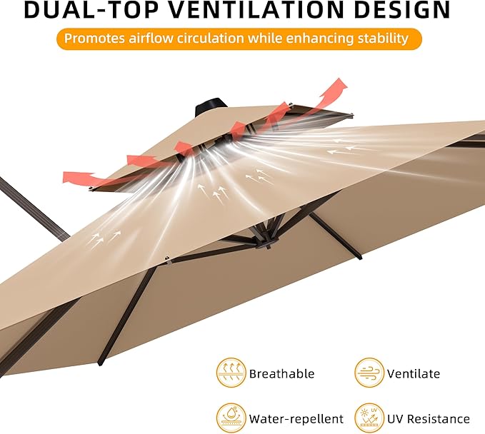 10x13FT Cantilever Outdoor Patio Umbrellas, Double Top Large Rectangle Umbrella, Heavy Duty 360° Rotation Offset Outdoor Sun Shade Umbrella for Garden Deck Pool Backyard Patio, Beige Brown