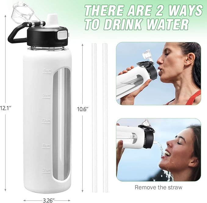 Kodrine Water Bottle with Soft Straw and Carry Loop, 32 oz Glass Water Bottle with Locking Lid, Clear Water Bottles Sports, Drinking Bottle for Travel Home Gym, Leakproof(White)